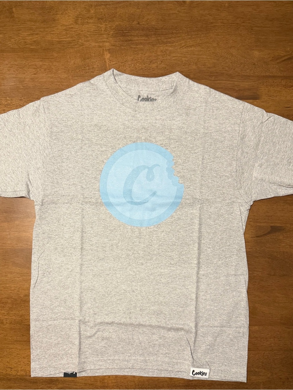 Cookie Brand Light Gray Tee with Sky Blue Logo
